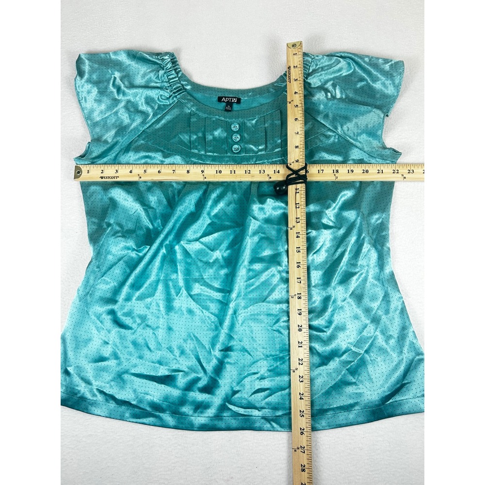 Apt 9 Womens XL Teal Blue Satin Polka Dot Pleated Cap Sleeve Blouse Top - Picture 3 of 9